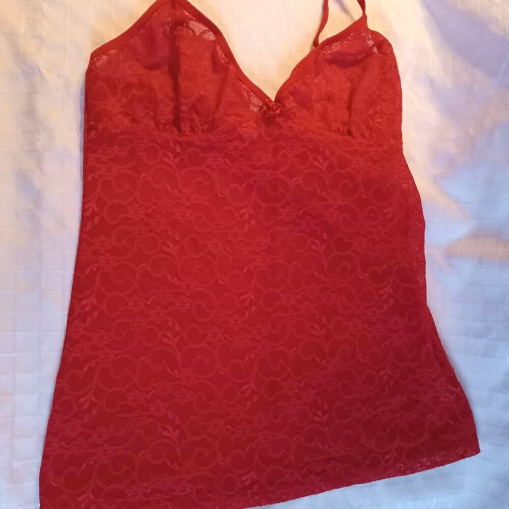 Red vintage lace camisole, slightly stretchy, opaque, with adjustable straps